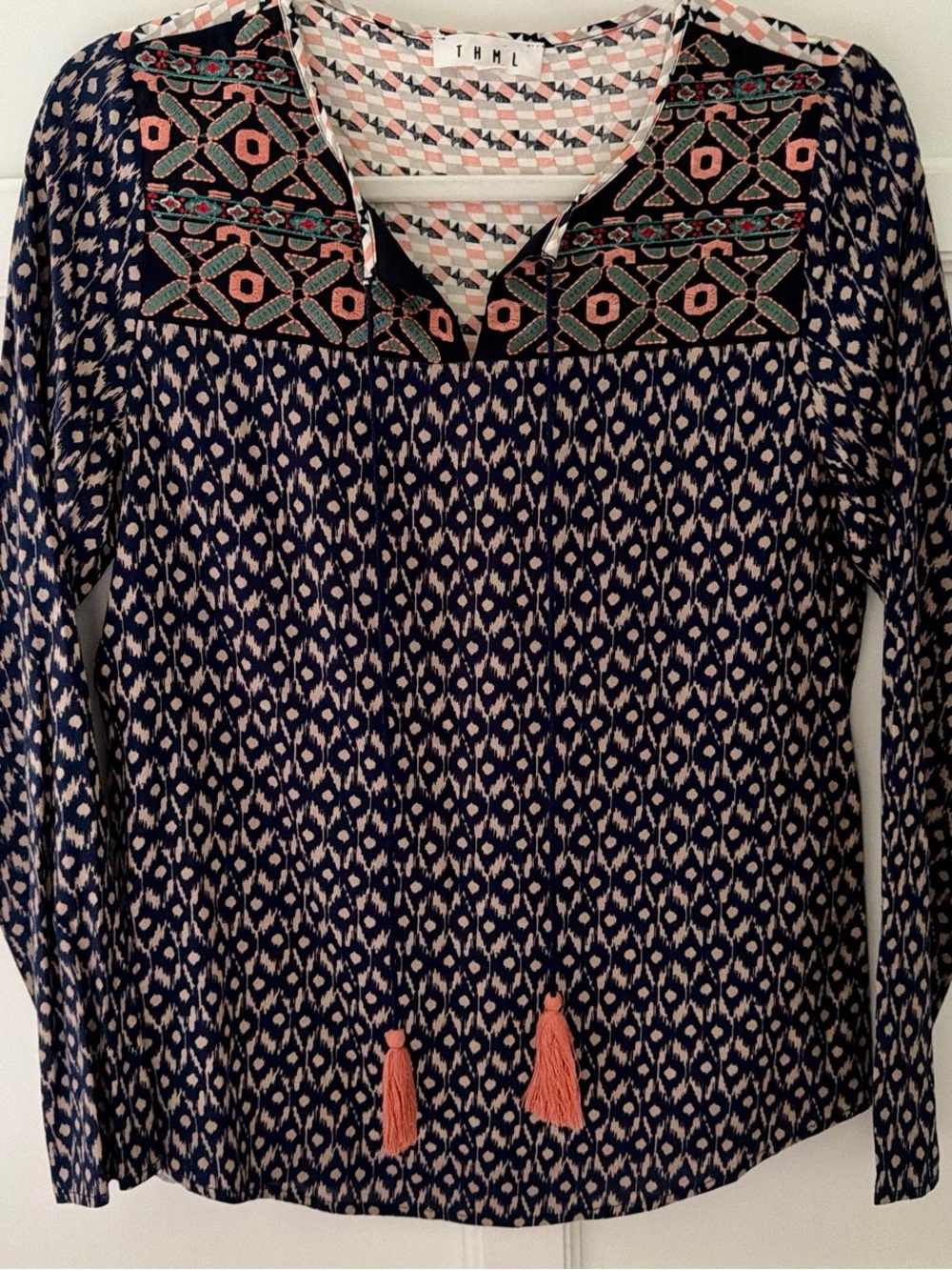 THML Navy Printed Long-Sleeve Tunic with Coral Tassels